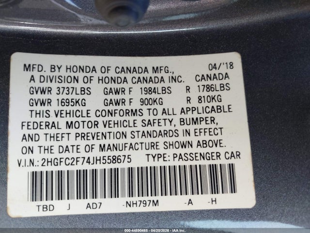 Honda CIVIC EX 2018 2HGFC2F74JH558675 Image 9