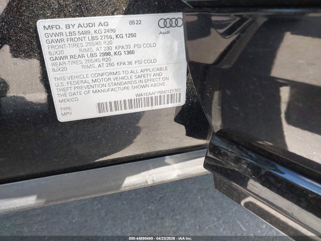 44890469 :رقم المزاد ، WA1EAAFY5N2121702 vin ، 2022 Audi Q5 Premium Plus 45 Tfsi S Line Quattro S Tronic مزاد بيع
