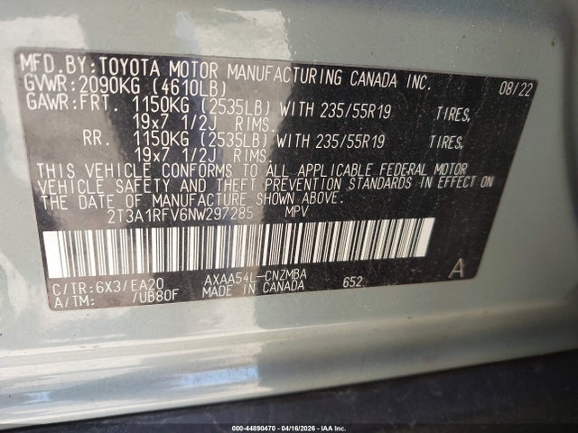 Продаж на аукціоні авто 2022 Toyota Rav4 Xle Premium, vin: 2T3A1RFV6NW297285, номер лоту: 44890470