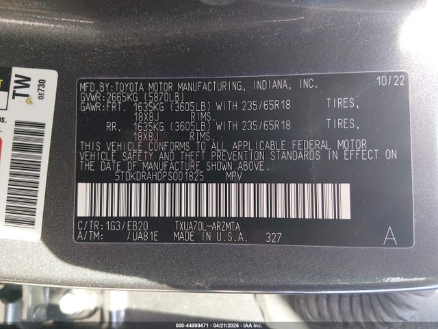 Aukcja sprzedaży 2023 Toyota Highlander Xle, vin: 5TDKDRAH0PS001825, numer aukcji: 44890471