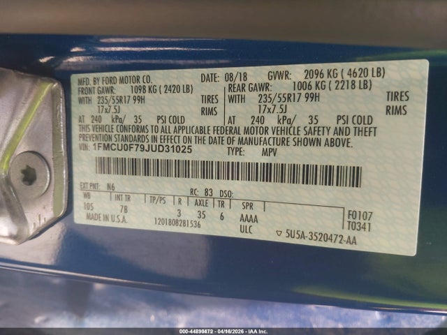 Ford ESCAPE S 2018 1FMCU0F79JUD31025 Image 9