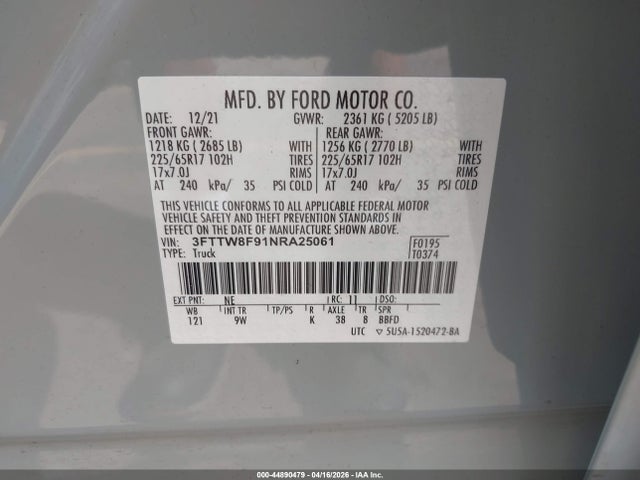 Aukcja sprzedaży 2022 Ford Maverick Xl, vin: 3FTTW8F91NRA25061, numer aukcji: 44890479