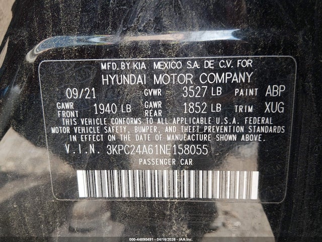 Продаж на аукціоні авто 2022 Hyundai Accent Se, vin: 3KPC24A61NE158055, номер лоту: 44890491