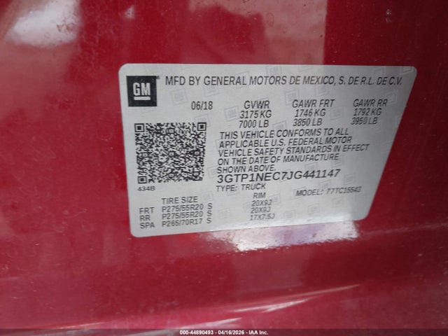 Aukcja sprzedaży 2018 Gmc Sierra 1500 Slt, vin: 3GTP1NEC7JG441147, numer aukcji: 44890493