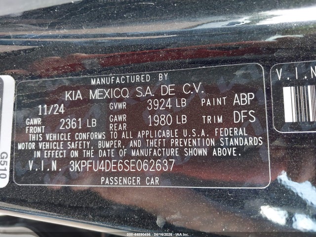 Aukcja sprzedaży 2025 Kia K4 Ex, vin: 3KPFU4DE6SE062637, numer aukcji: 44890496
