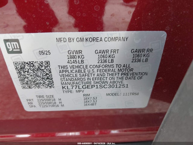 Продажа на аукционе авто 2025 Chevrolet Trax Fwd 1rs, vin: KL77LGEP1SC301251, номер лота: 44890501