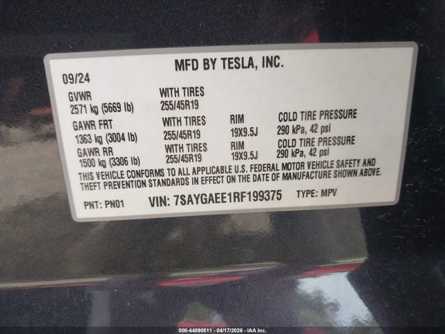 Продаж на аукціоні авто 2024 Tesla Model Y Long Range Dual Motor All-wheel Drive, vin: 7SAYGAEE1RF199375, номер лоту: 44890511