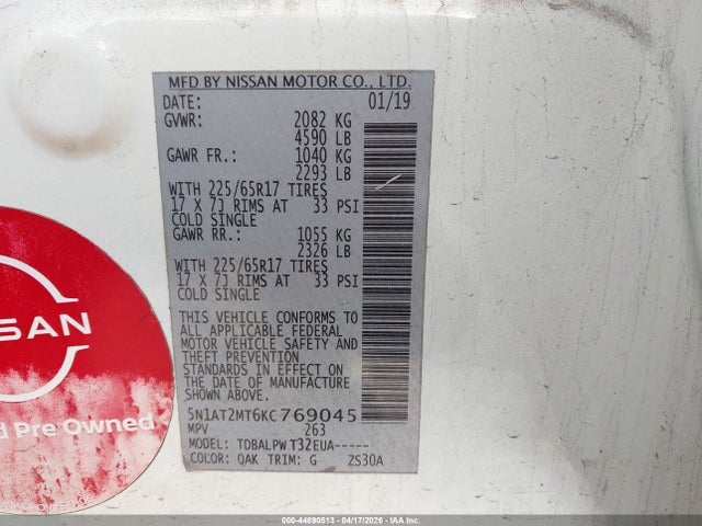 Aukcja sprzedaży 2019 Nissan Rogue S, vin: 5N1AT2MT6KC769045, numer aukcji: 44890513