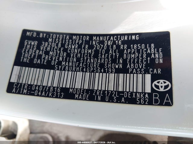 Aukcja sprzedaży 2016 Toyota Corolla Le, vin: 5YFBURHE4GP564199, numer aukcji: 44890527