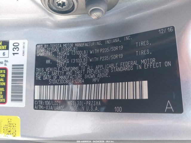 Aukcja sprzedaży 2017 Toyota Sienna Se Premium 8 Passenger, vin: 5TDXZ3DC8HS810964, numer aukcji: 44890534