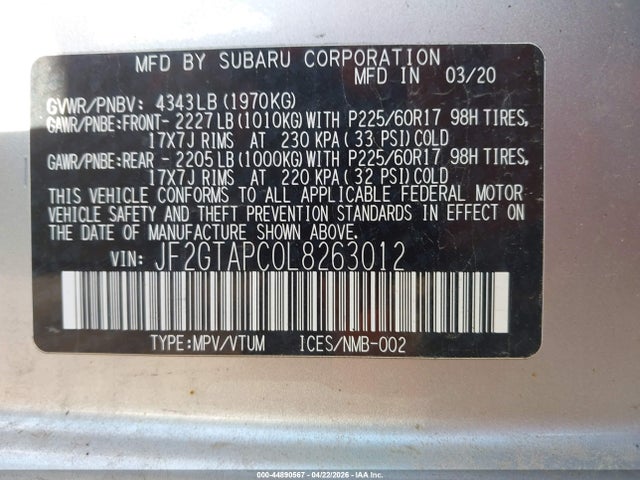 Aukcja sprzedaży 2020 Subaru Crosstrek Premium, vin: JF2GTAPC0L8263012, numer aukcji: 44890567