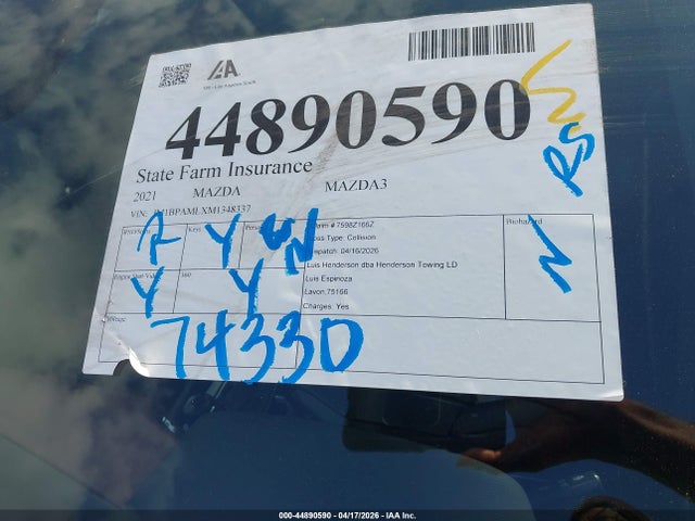 Продажа на аукционе авто 2021 Mazda Mazda3 Premium, vin: JM1BPAMLXM1348337, номер лота: 44890590