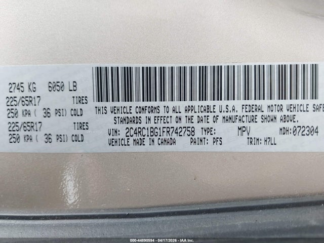 Продаж на аукціоні авто 2015 Chrysler Town & Country Touring, vin: 2C4RC1BG1FR742758, номер лоту: 44890594