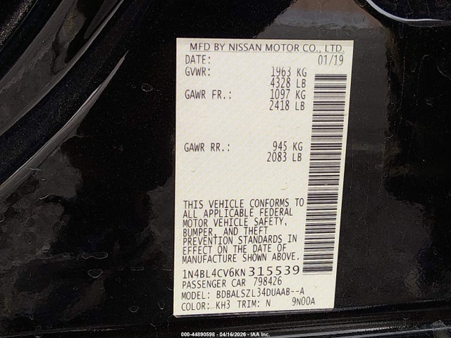 1N4BL4CV6KN315539 Nissan Altima 2.5 Sr