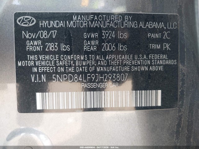 Aukcja sprzedaży 2018 Hyundai Elantra Sel, vin: 5NPD84LF9JH293807, numer aukcji: 44890604