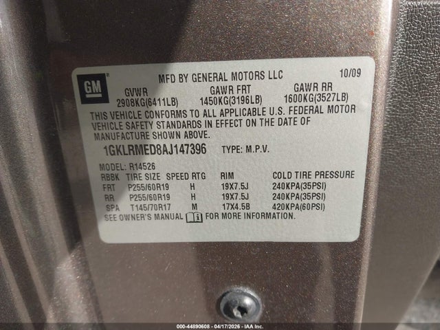 2010 Gmc Acadia Slt-1 მანქანა იყიდება აუქციონზე, vin: 1GKLRMED8AJ147396, აუქციონის ნომერი: 44890608