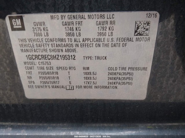 2017 Chevrolet Silverado 1500 1lt მანქანა იყიდება აუქციონზე, vin: 1GCRCREC8HZ195312, აუქციონის ნომერი: 44890620