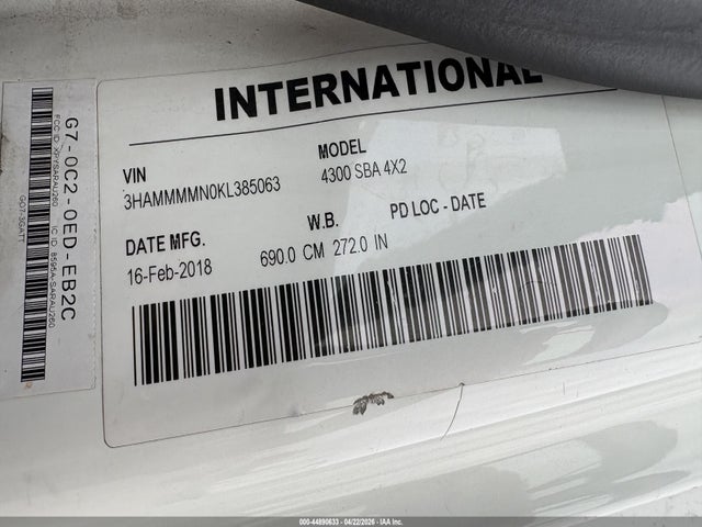 Aukcja sprzedaży 2019 International Durastar 4300, vin: 3HAMMMMN0KL385063, numer aukcji: 44890633