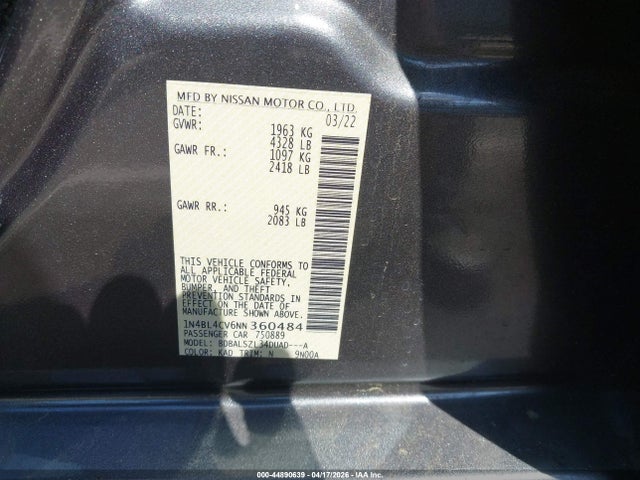 Продажа на аукционе авто 2022 Nissan Altima Sr Fwd, vin: 1N4BL4CV6NN360484, номер лота: 44890639