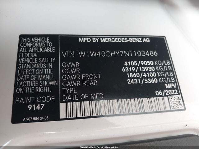 Продаж на аукціоні авто 2022 Mercedes-benz Sprinter 2500 High Roof I4, vin: W1W40CHY7NT103486, номер лоту: 44890640