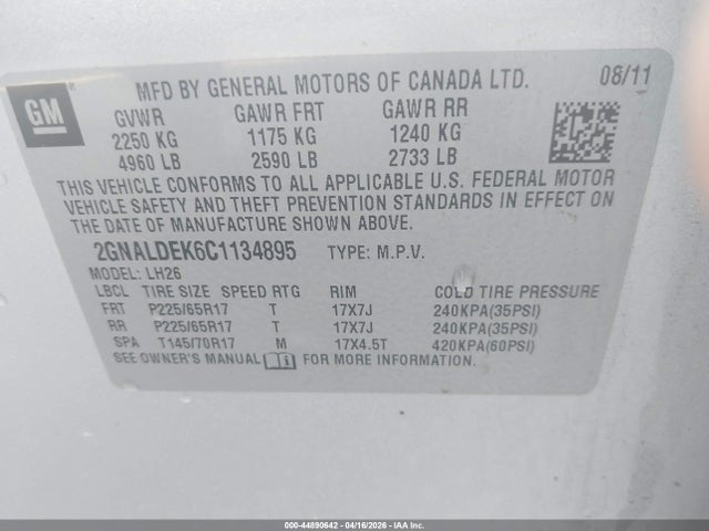 Продаж на аукціоні авто 2012 Chevrolet Equinox 1lt, vin: 2GNALDEK6C1134895, номер лоту: 44890642