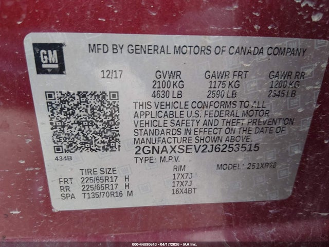 Aukcja sprzedaży 2018 Chevrolet Equinox Lt, vin: 2GNAXSEV2J6253515, numer aukcji: 44890643