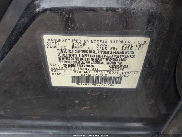 Aukcja sprzedaży 2012 Nissan Sentra 2.0 S, vin: 3N1AB6AP2CL730886, numer aukcji: 44890648