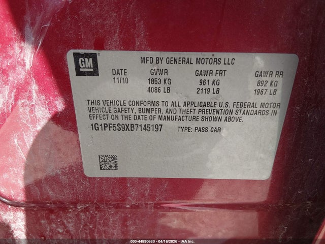 Aukcja sprzedaży 2011 Chevrolet Cruze 1lt, vin: 1G1PF5S9XB7145197, numer aukcji: 44890660
