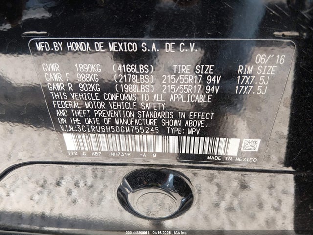 Продажа на аукционе авто 2016 Honda Hr-v Ex, vin: 3CZRU6H50GM755245, номер лота: 44890661