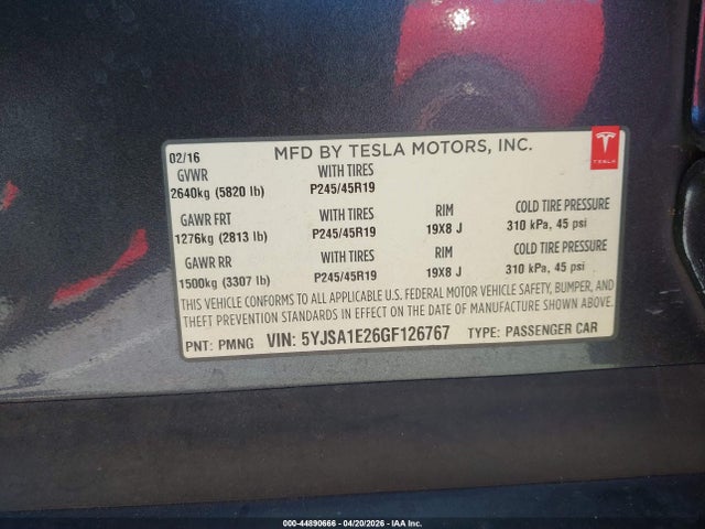 44890666 :رقم المزاد ، 5YJSA1E26GF126767 vin ، 2016 Tesla Model S 60d/70d/75d/85d/90d مزاد بيع