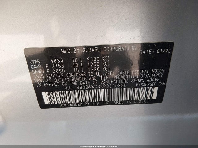 Aukcja sprzedaży 2023 Subaru Legacy Premium, vin: 4S3BWAD68P3010330, numer aukcji: 44890667