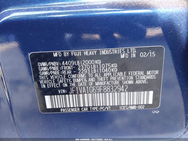 2015 Subaru Wrx Limited მანქანა იყიდება აუქციონზე, vin: JF1VA1G69F8832942, აუქციონის ნომერი: 44890698