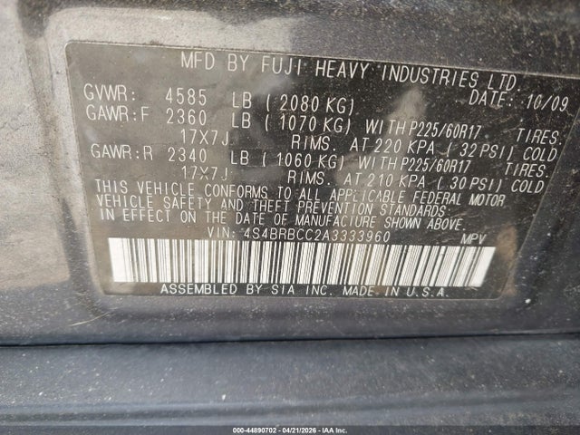 Продажа на аукционе авто 2010 Subaru Outback 2.5i Premium, vin: 4S4BRBCC2A3333960, номер лота: 44890702