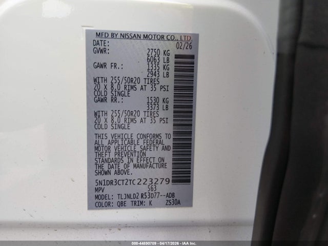 44890709 :رقم المزاد ، 5N1DR3CT2TC223279 vin ، 2026 Nissan Pathfinder Sl مزاد بيع