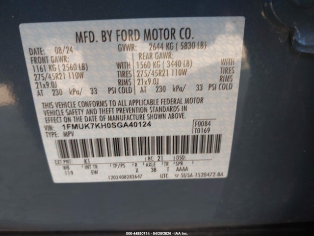 Продаж на аукціоні авто 2025 Ford Explorer St-line, vin: 1FMUK7KH0SGA40124, номер лоту: 44890714