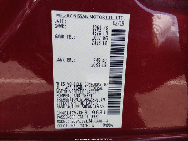1N4BL4CV7KN319681 Nissan Altima 2.5 Sr
