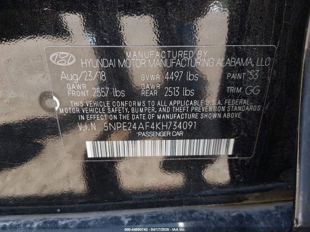 Aukcja sprzedaży 2019 Hyundai Sonata Se, vin: 5NPE24AF4KH734091, numer aukcji: 44890742