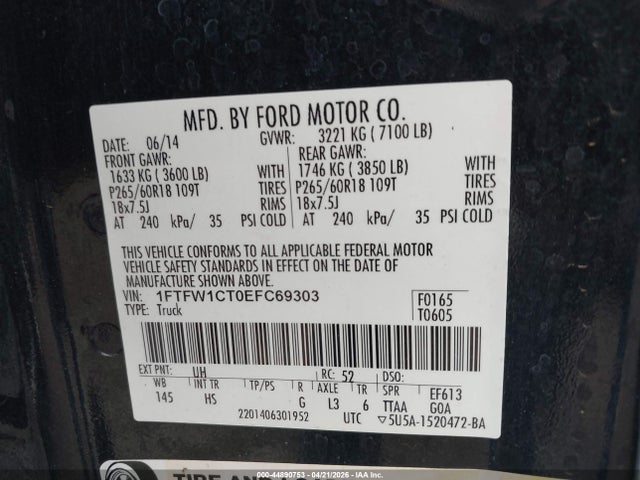 Aukcja sprzedaży 2014 Ford F-150 Lariat, vin: 1FTFW1CT0EFC69303, numer aukcji: 44890753