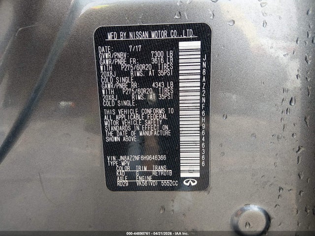 44890761 :رقم المزاد ، JN8AZ2NF6H9646366 vin ، 2017 Infiniti Qx80 مزاد بيع