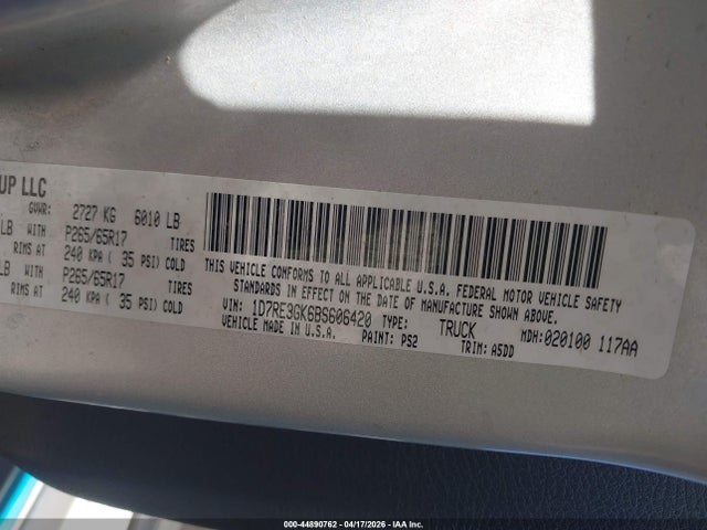 44890762 :رقم المزاد ، 1D7RE3GK6BS606420 vin ، 2011 Ram Dakota Bighorn/lonestar مزاد بيع
