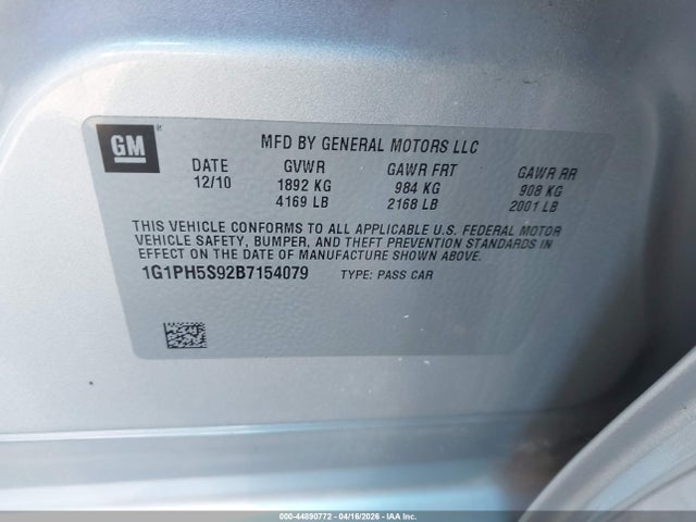 Aukcja sprzedaży 2011 Chevrolet Cruze Ltz, vin: 1G1PH5S92B7154079, numer aukcji: 44890772