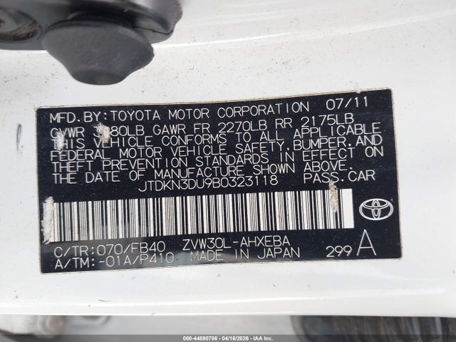Aukcja sprzedaży 2011 Toyota Prius Two, vin: JTDKN3DU9B0323118, numer aukcji: 44890786