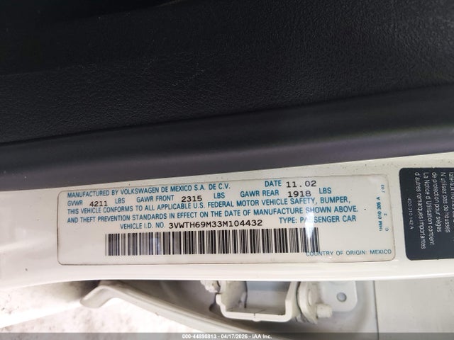 Aukcja sprzedaży 2003 Volkswagen Jetta Glx, vin: 3VWTH69M33M104432, numer aukcji: 44890813