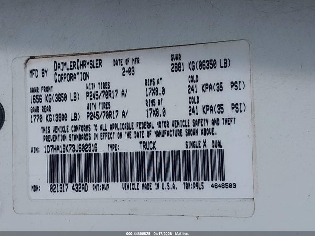 44890825 :رقم المزاد ، 1D7HA16K73J602316 vin ، 2003 Dodge Ram 1500 St مزاد بيع