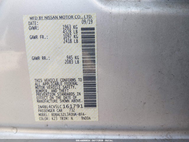 2020 Nissan Altima Sr Fwd მანქანა იყიდება აუქციონზე, vin: 1N4BL4CV5LC161791, აუქციონის ნომერი: 44890834