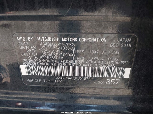 Aukcja sprzedaży 2019 Mitsubishi Outlander Sport 2.0 Sp, vin: JA4AP3AU3KU018730, numer aukcji: 44890844