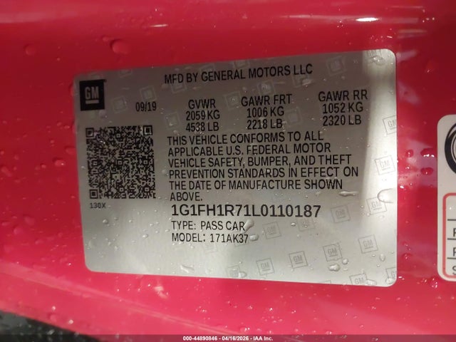 44890846 :رقم المزاد ، 1G1FH1R71L0110187 vin ، 2020 Chevrolet Camaro Rwd  2ss مزاد بيع