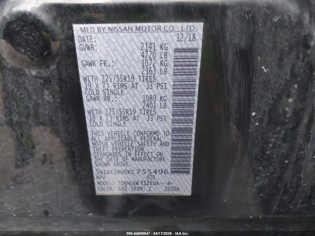 44890847 :رقم المزاد ، 5N1AT2MV0KC755496 vin ، 2019 Nissan Rogue Sl مزاد بيع