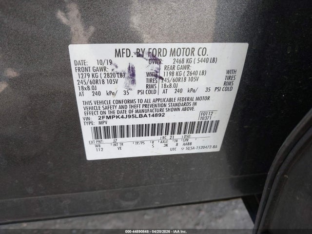 Aukcja sprzedaży 2020 Ford Edge Sel, vin: 2FMPK4J95LBA14892, numer aukcji: 44890848