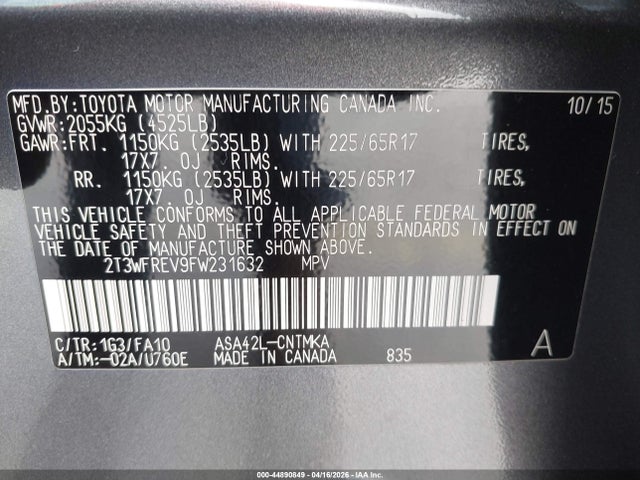Продажа на аукционе авто 2015 Toyota Rav4 Xle, vin: 2T3WFREV9FW231632, номер лота: 44890849